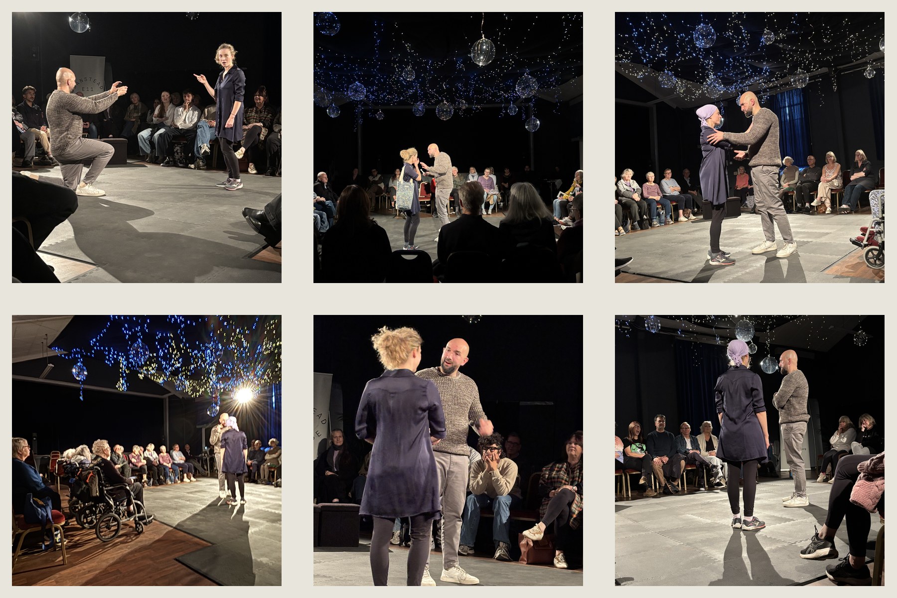 A collage of scenes from Constellations beneath a canopy of lights
