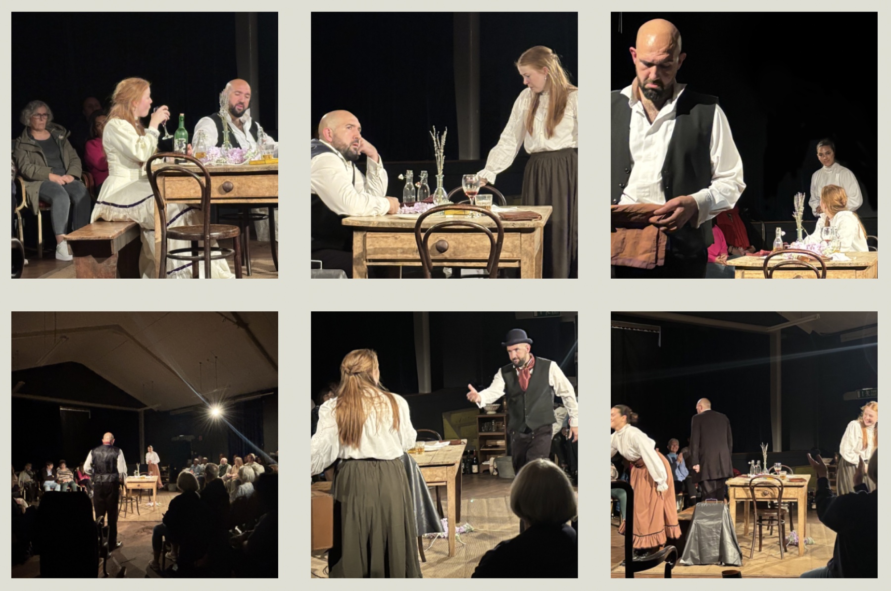 A collage of scenes from Miss Julie performed among the audience
